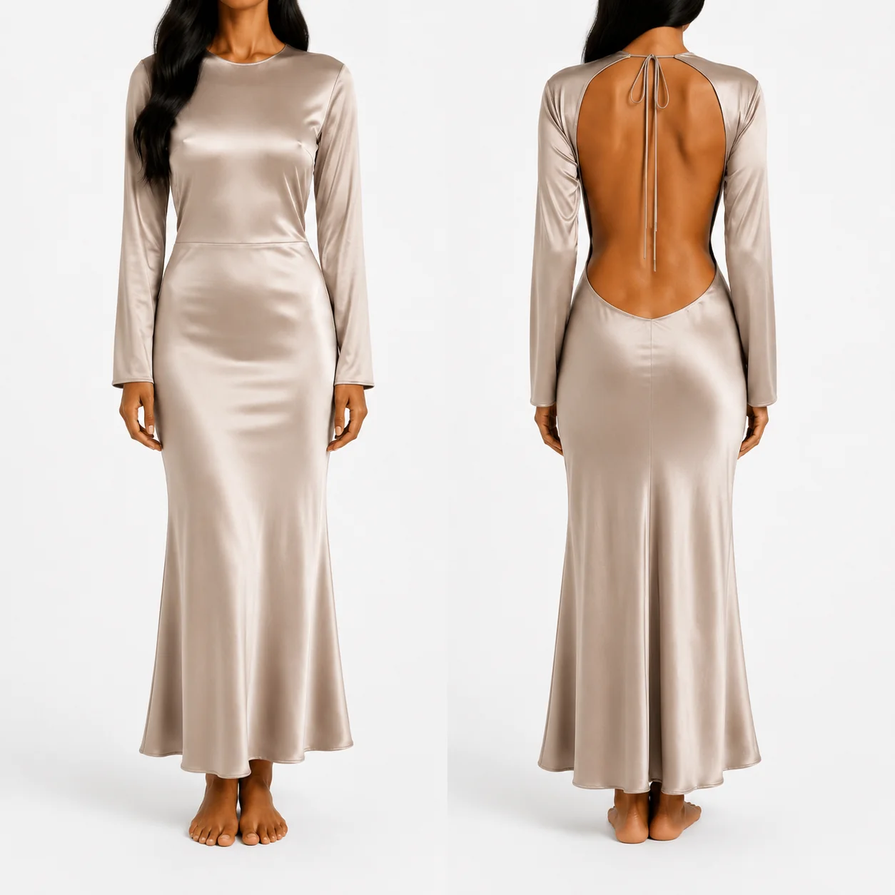 Beige Satin Backless Dress