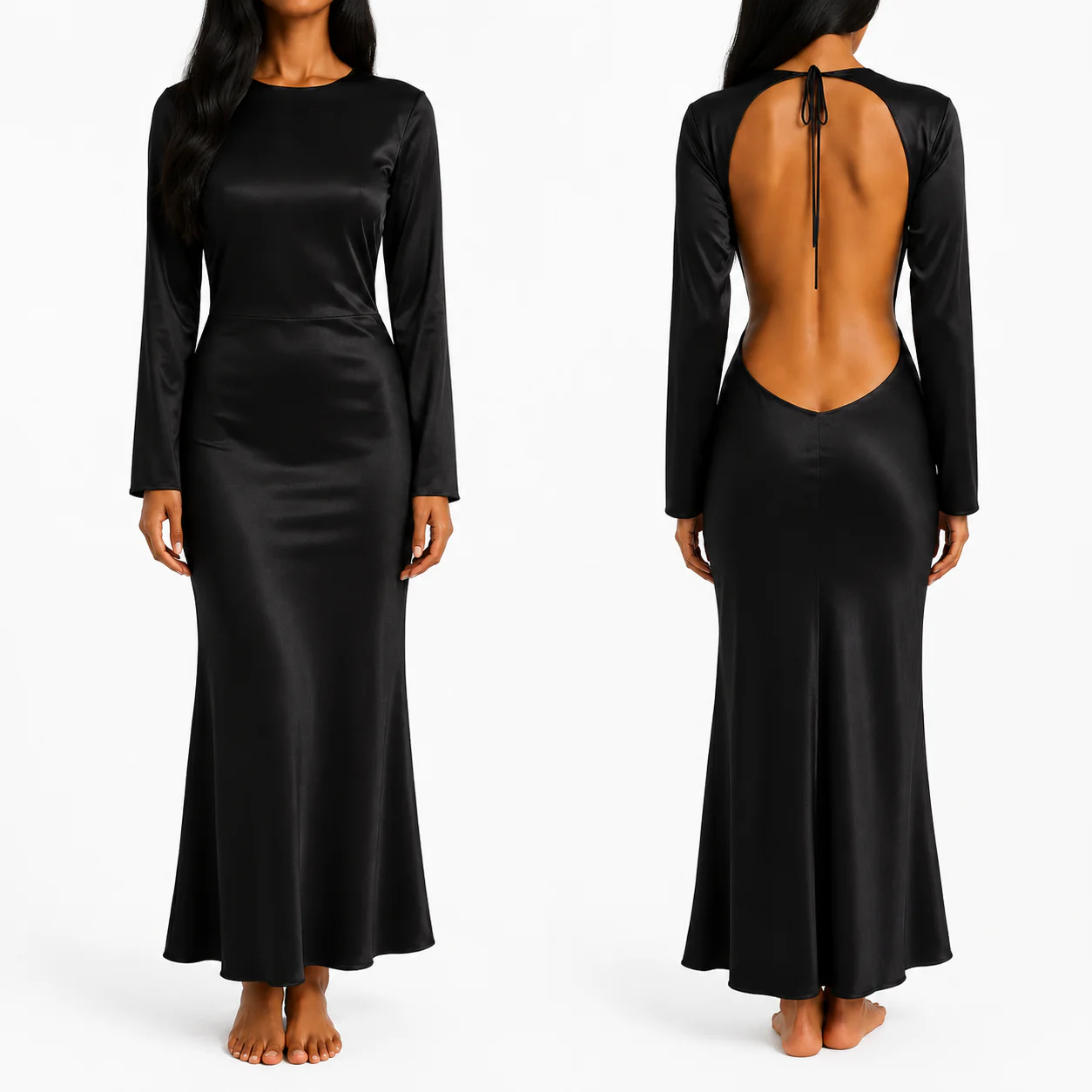 Black Satin Backless Dress